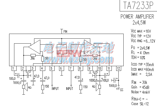 TA7233音响功率放大电路图，单电源12V电压工作，双通道输出，功率达到4.5W。TA7233 POWER AMPLIFIER