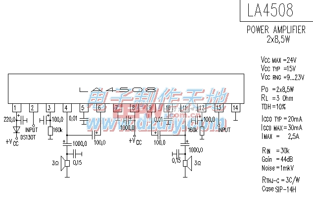 LA4508双通道功率放大电路图，单电源15V电压工作，输出功率8.5W。LA4508 POWER AMPLIFIER