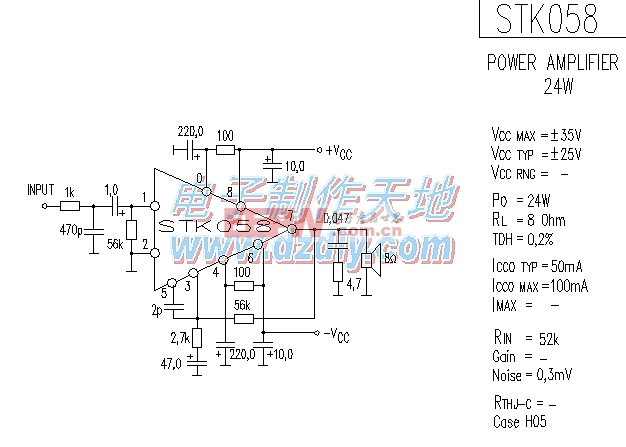 STK058功率放大电路图，±25V电压工作，输出功率24V。STK058 POWER AMPLIFIER