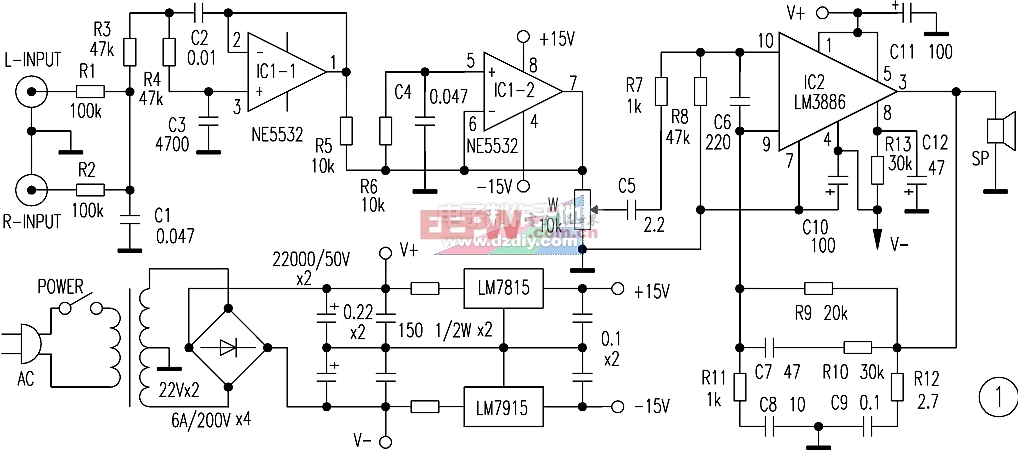 LM3886重低音电路图LM3886 Bass Circuit 