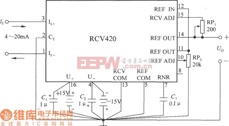 精密电流／电压转换器RCV420的典型应用电路图