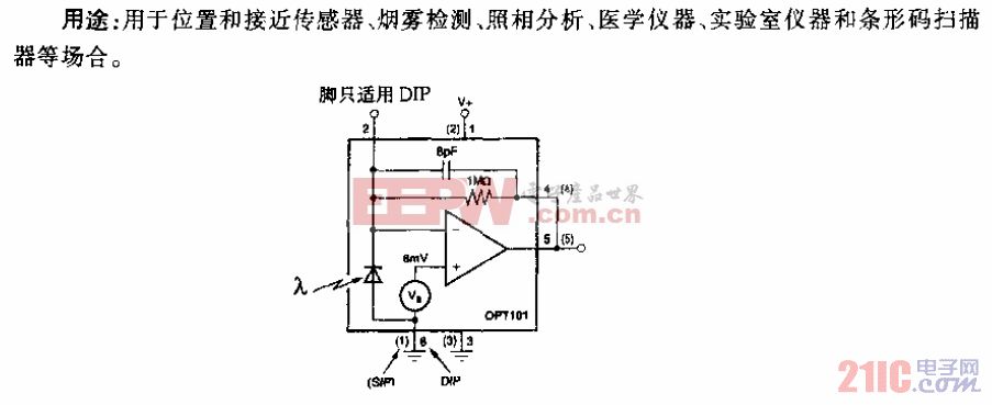 光传感器OPT101型集成光二极管和单电源放大器电路.gif