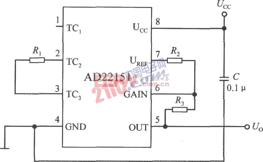  线性输出的集成磁场传感器AD22151构成的双极性模式下的温度补偿电路图