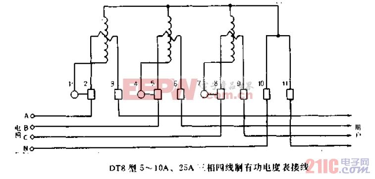 DT8型5-10A、25A三相四线制有功电度表接线.gif