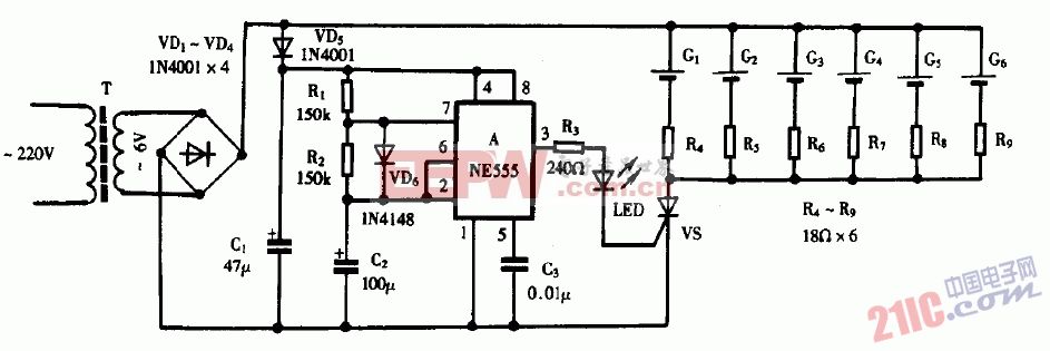 巧用NE555作并联式镍镉电池充电器电路图