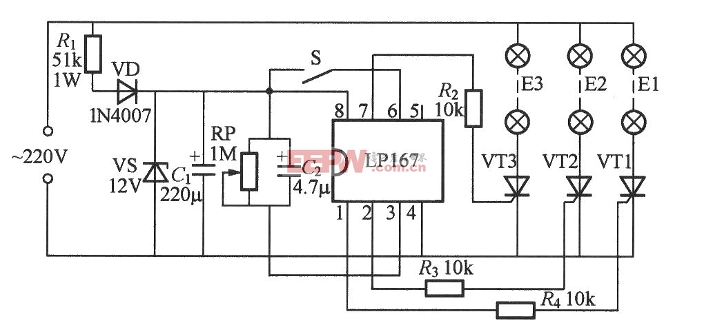 LP167组成的三路闪烁灯控制器电路图