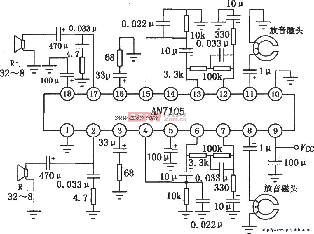 an7105立体声放音机电路
