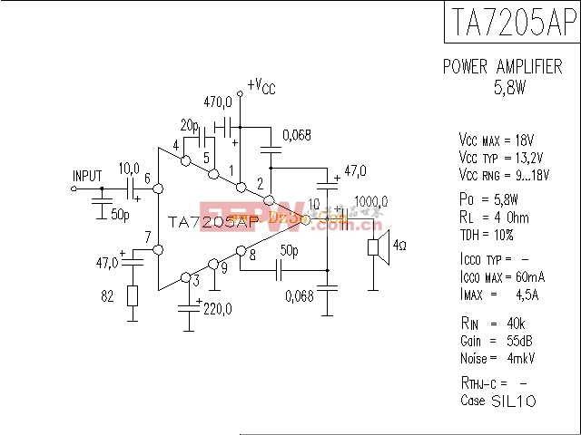 TA7205AP应用电路，TA7205AP功放电路图