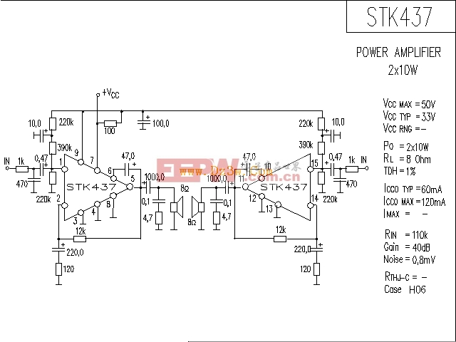 STK437应用电路，STK437功放电路图