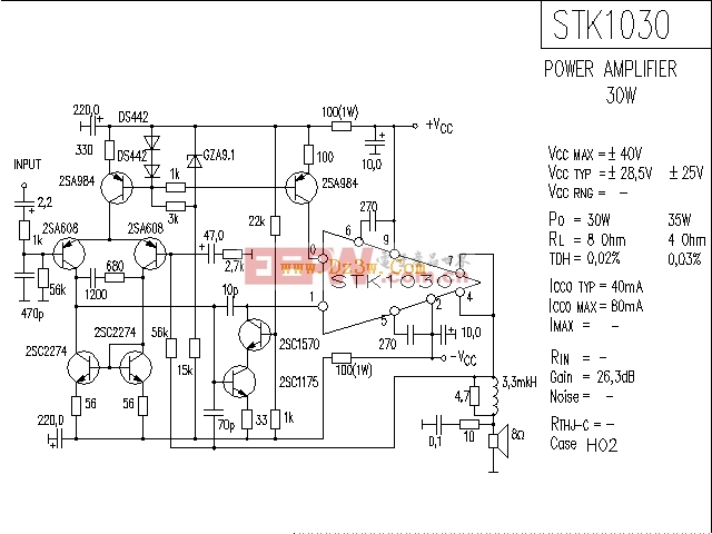 STK1030应用电路，STK1030组成的30W功放电路图