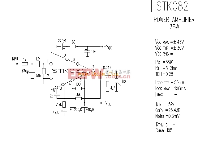 STK082应用电路，STK082组成的35W功放电路图