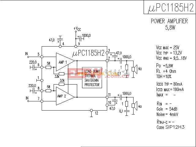 uPC1185应用电路，uPC1185功放电路图