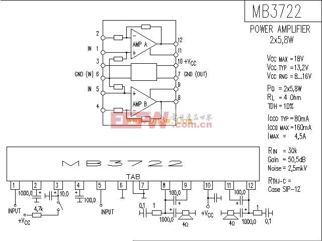 MB3722应用电路，MB3722功放电路图