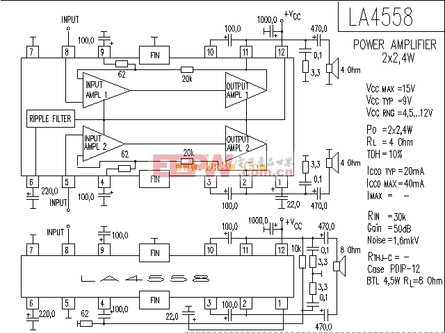 LA4558应用电路，LA4558功放电路图