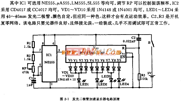 CD4017组成的发光二极管加速显示器电路图