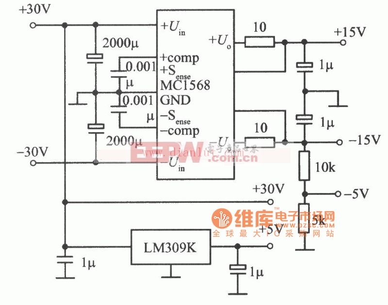 MC1568,LM309K构成的多路稳压电源电路