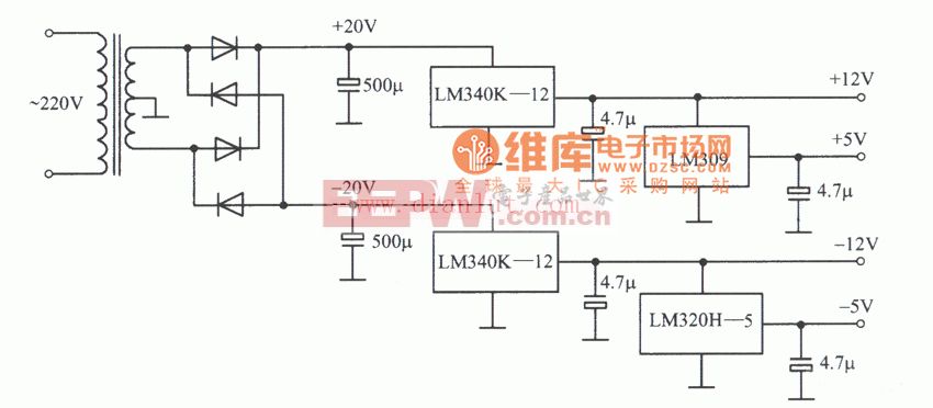 LM340K-12,LM309,LM320-5构成的±5V和±l2V稳压电源电路