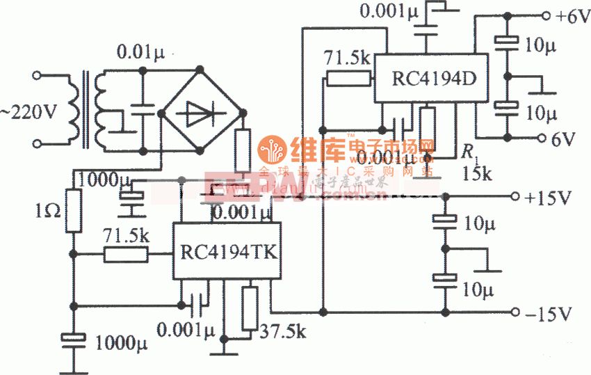 RC4194TK,RC4194D构成的双对称稳压电源电路