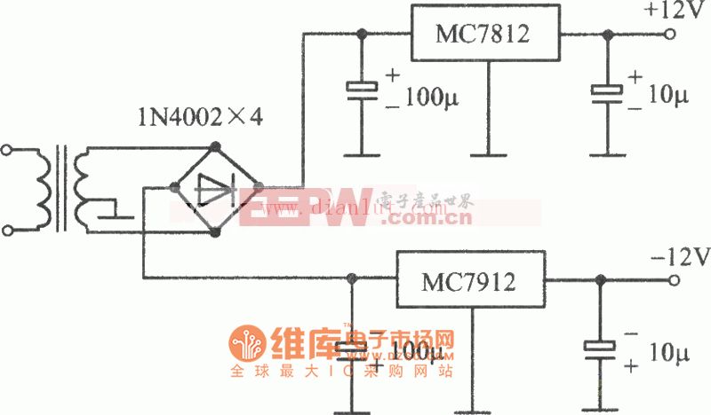 MC7812(正压)MC7912MC（负压）构成的的±12V稳压电源电路