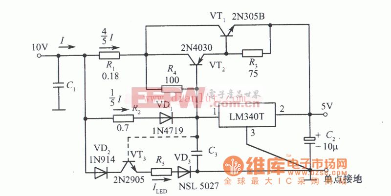 LM340T集成稳压器构成的5A稳压电源电路（给TTL集成电路供电）电路
