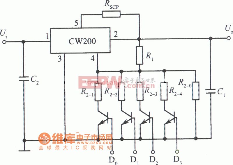 用CW200组成的逻辑控制的集成稳压电源电路