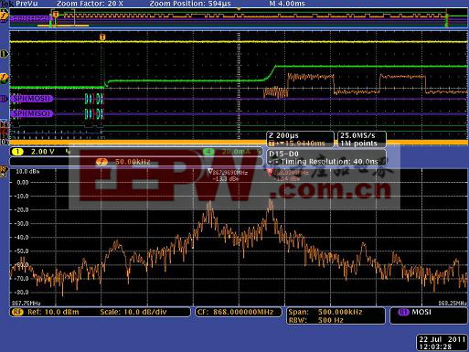图6. 触发SPI（MOSI）命令，查看频率随时间变化曲线