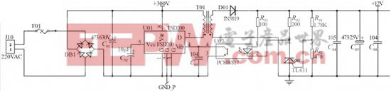 图5 基于FSD200的小功率开关电源应用电路
