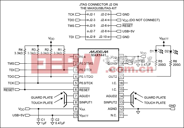 图1. 连接MAX1441应用电路与MAXQUSBJTAG-KIT板的JTAG接口