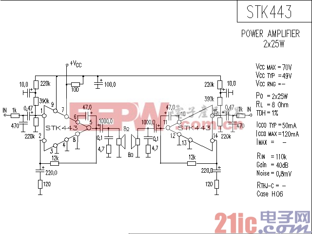 STK443功率放大器电路图