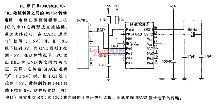 PC串口和MC68HC70-5K1微控制器之间的RS232传输电路