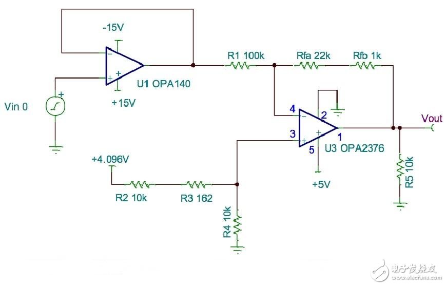 电平转换：双电源到单电源放大器，±15V至5V