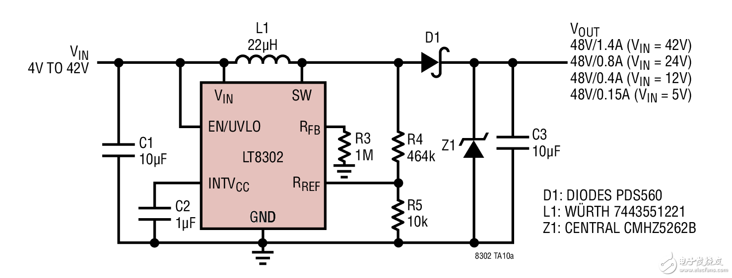 4V~42V输入/48V输出(1.4A)升压型转换器电路图