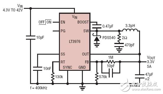 4.3V~42VIN至3.3V/5A输出的降压型转换器电路图