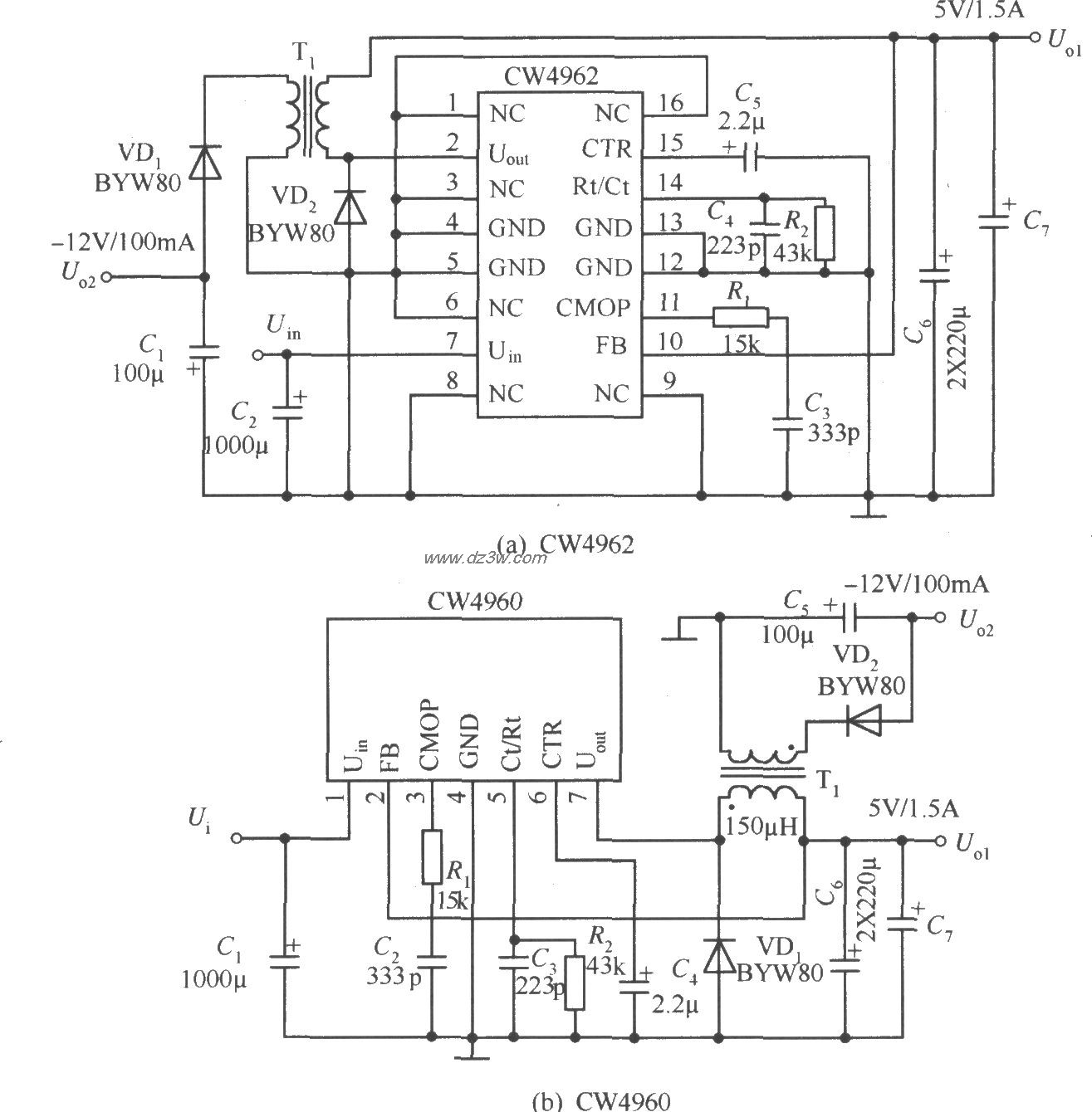 其中, 5v,1.5a是主电源.在输出电路中用变压器代替电感线圈.-12v