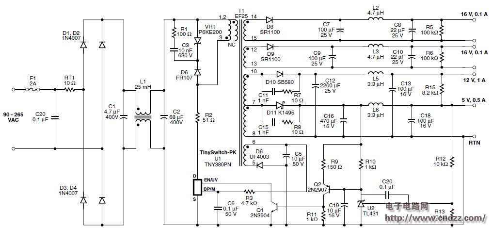 使用tny380pn的17.7w空调多路输出电源的电路设计