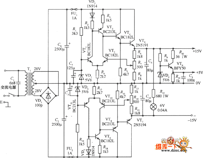 常用的15v5v三种输出稳压电源电路原理图