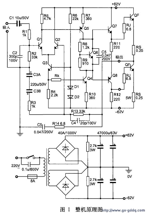 >自制360w#215;2功放电路   整流为两只40a全桥做双桥整流,滤波为4只