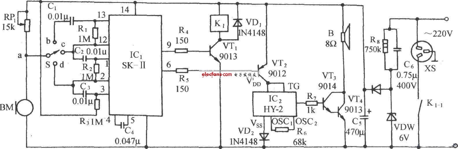 SK-Ⅱ制成的声控音乐插座电路图