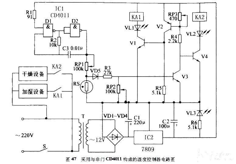 采用与非门CD4011构成的湿度控制器电路设计 - 湿敏电路