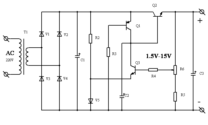 1.5V至16V简易可调直流电源电路
