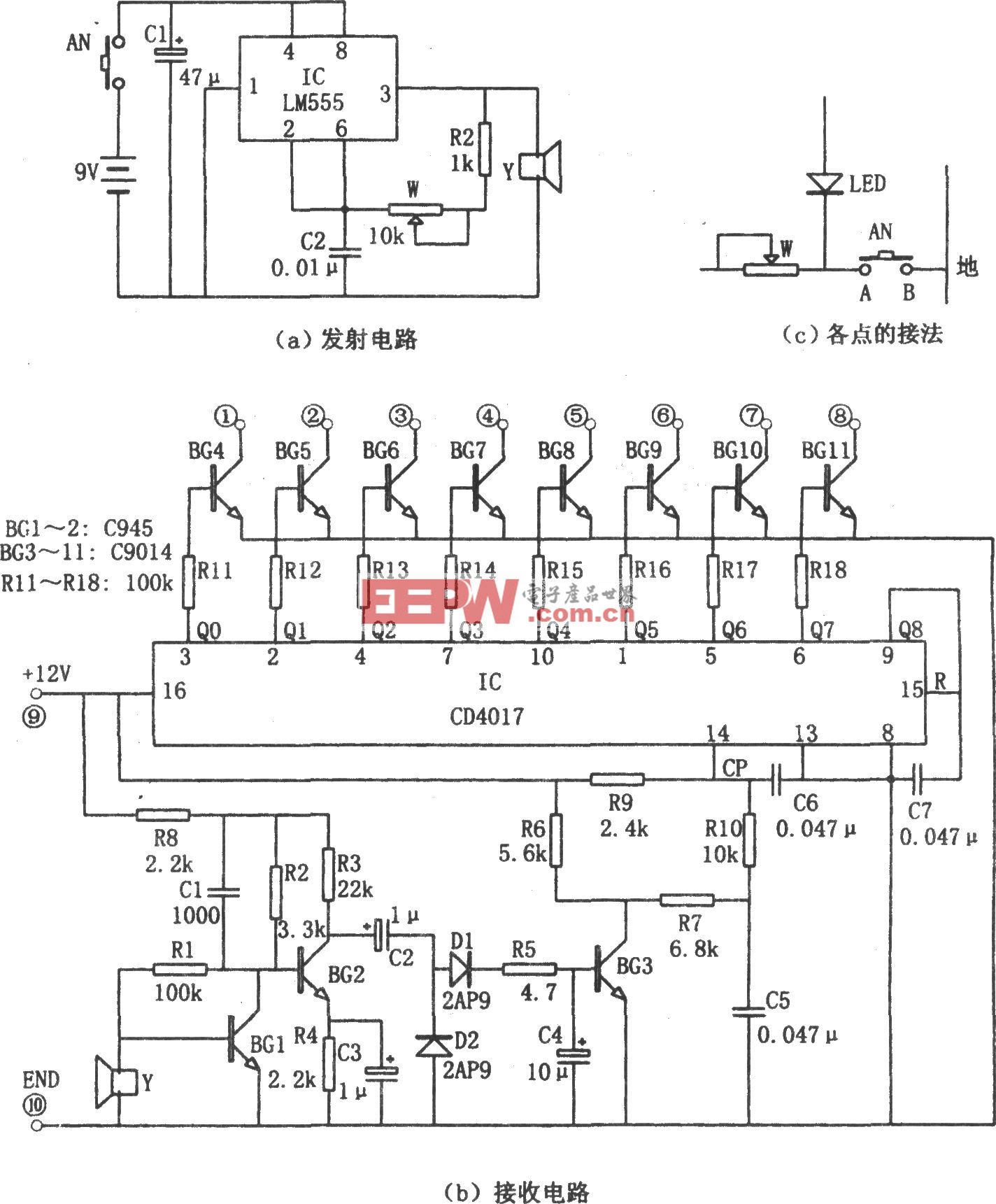 簡單彩電附加遙控電路(LM555、CD4017)