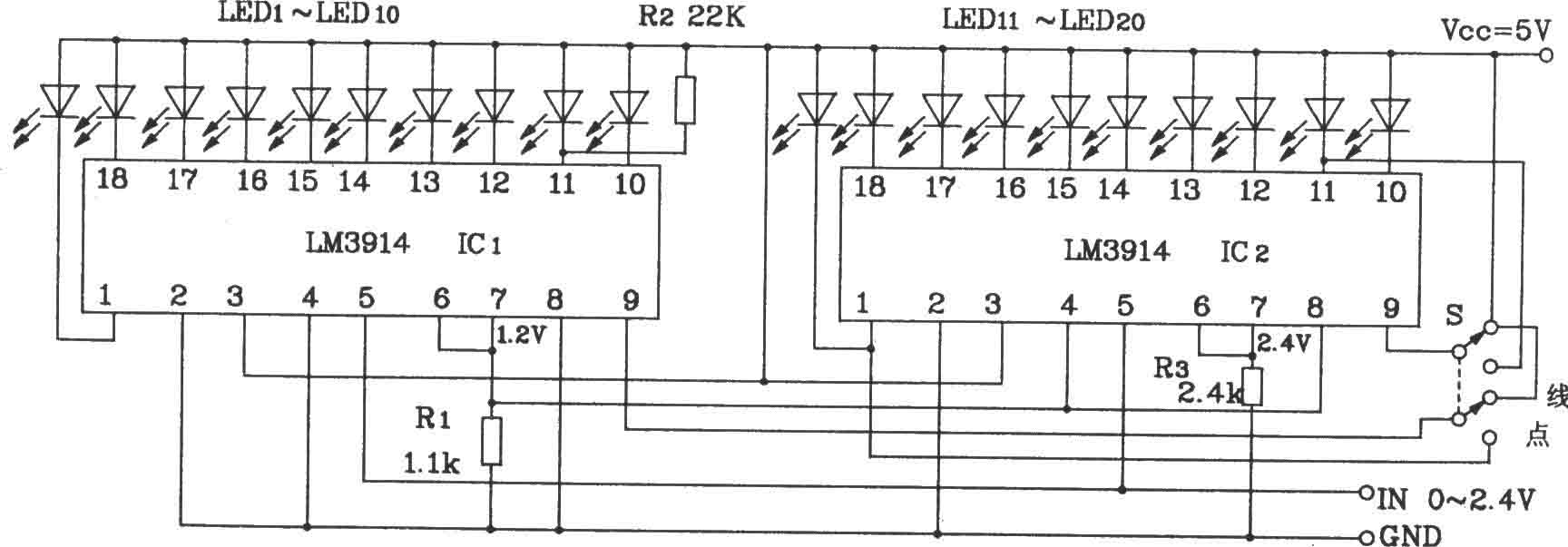 两块LM3914构成的20位LED点/线转换显示电路图