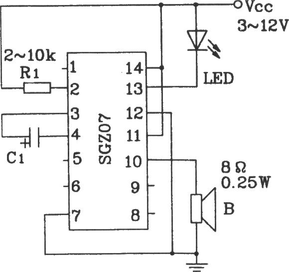 SGZ07声、光报警集成电路构成单频率声、光信号源电路图