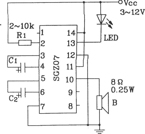 SGZ07声、光报警集成电路构成双频率声、光信号源电路图