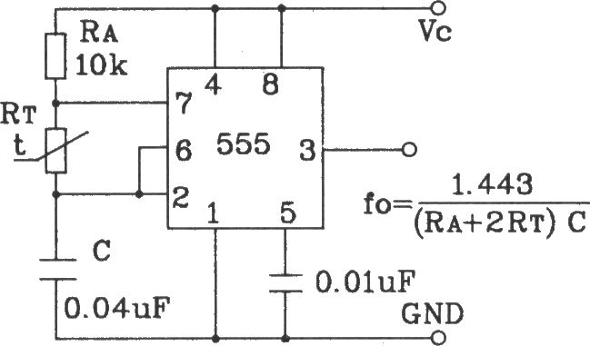 555与精密温度传感器构成的温度频率变换电路图