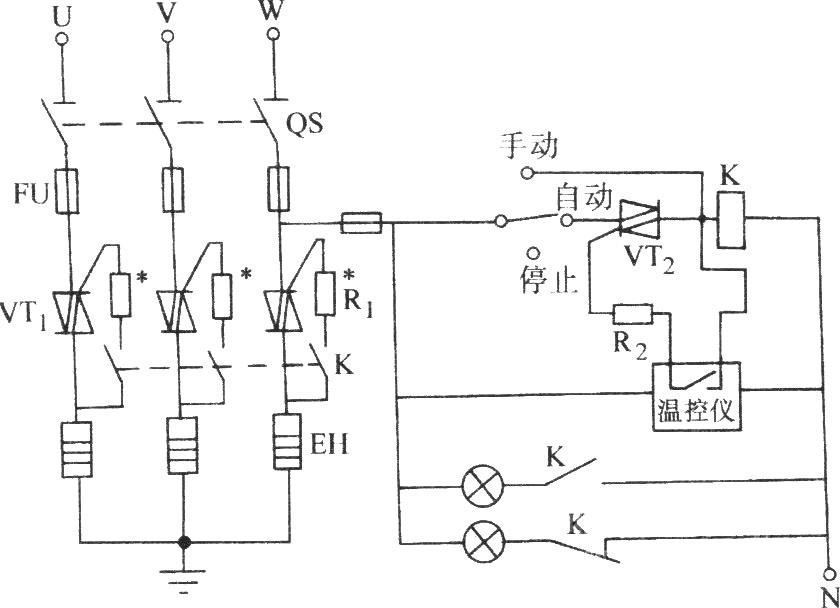 双向晶闸管控制三相电热器件的典型电路图