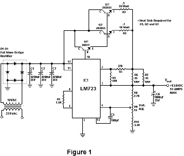 220v转13.8v10A稳压电源电路图-LM723组成