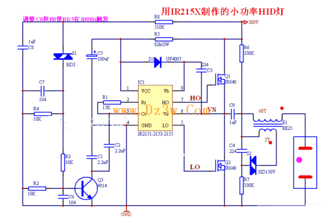 用IR2151/IR253/IR255制作的小功率金卤灯(HID灯)电路图