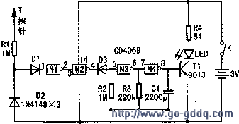 CD4069组成的电线断点位置检测器