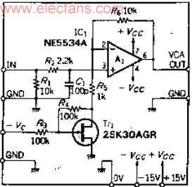 使用结型场效应管(FET)的电压控制放大器(VCA)电路图